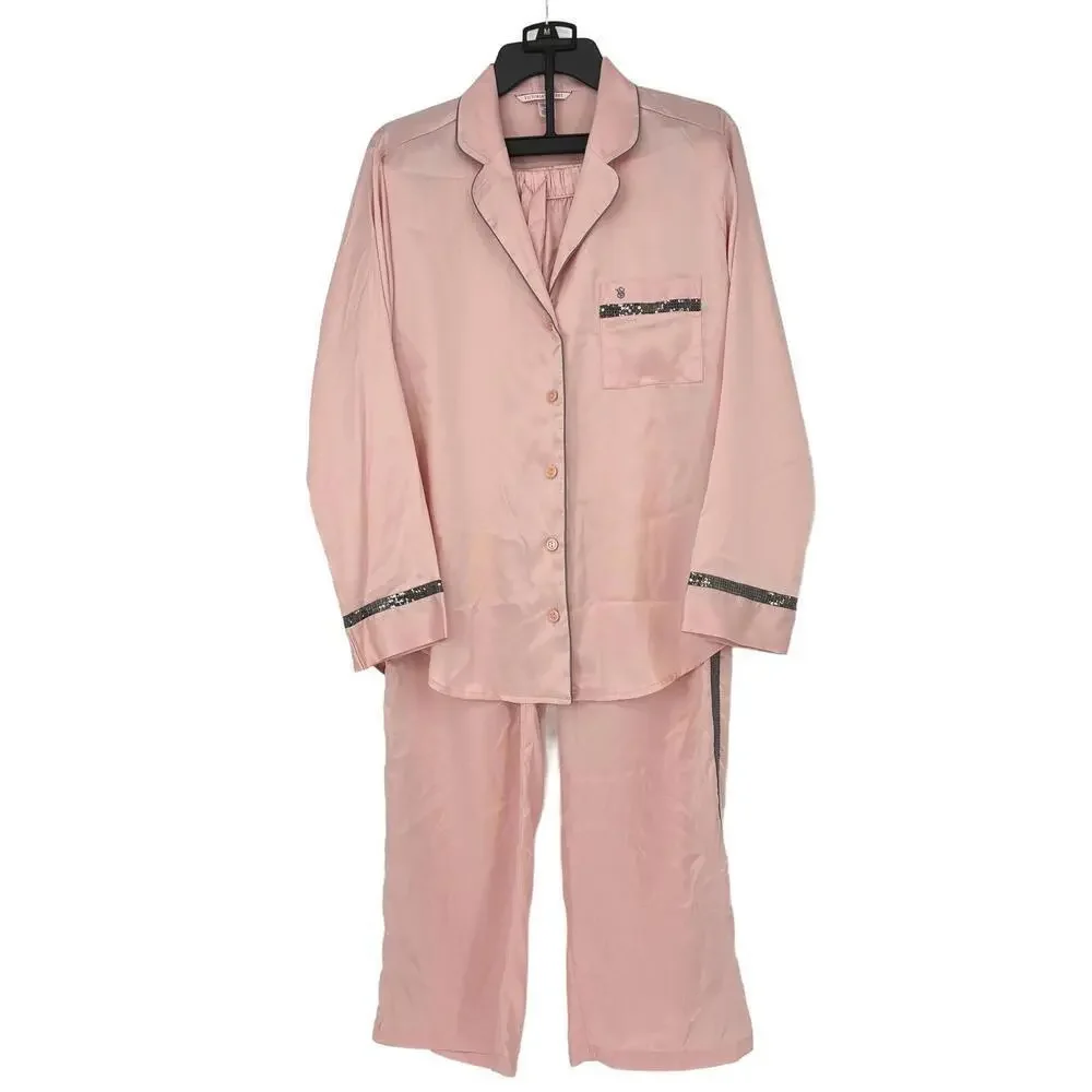 Victoria's Secret Pink Satin Pajama Set Lounge ware Sequin Trim Women's size Med